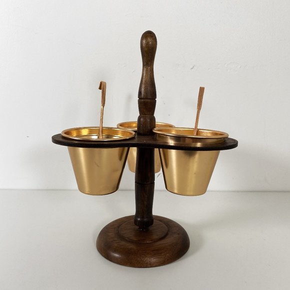 Vintage Copper Condiment Serving Set w/ Wood Stand